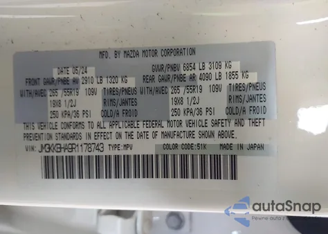 2024 Mazda Cx-90 Phev Preferred from USA, damaged, VIN JM3KKBHA9R1178743